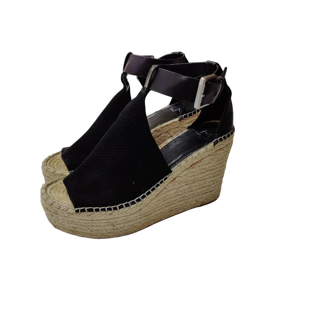 Marc Fisher Womens Sz 9.5 Annie Black Perforated Leather Espadrille Wedge Sandal